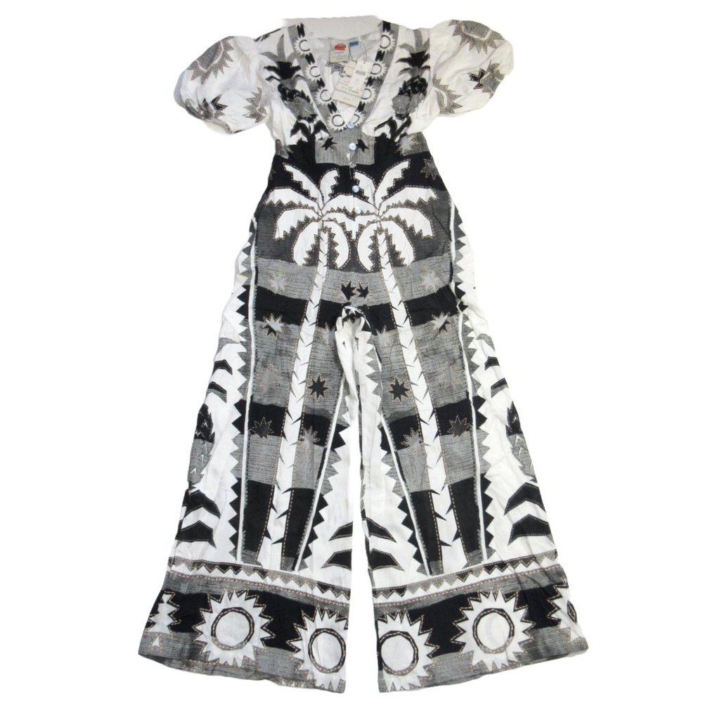 NWT Anthropologie x Farm Rio Puff-Sleeve Jumpsuit in Black White Palm 1-Piece MP